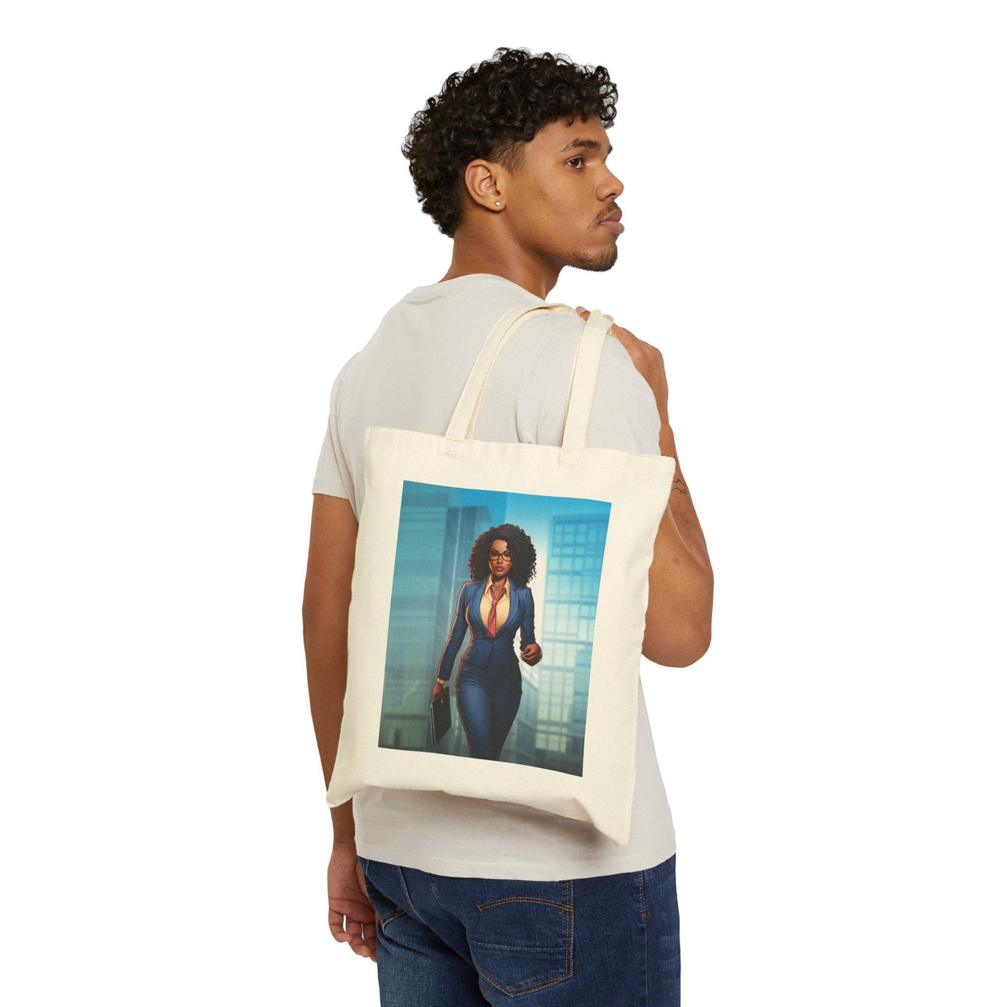 African American Business Women Superhero in Blue Environment Cotton Canvas Tote Bag