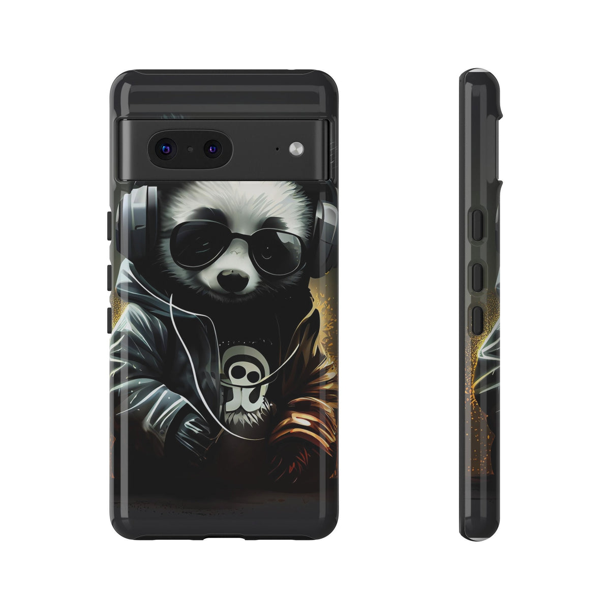 Google Pixel 7 Tough Cases Black White Panda With Headphones Audiophile Stereo headset bear
