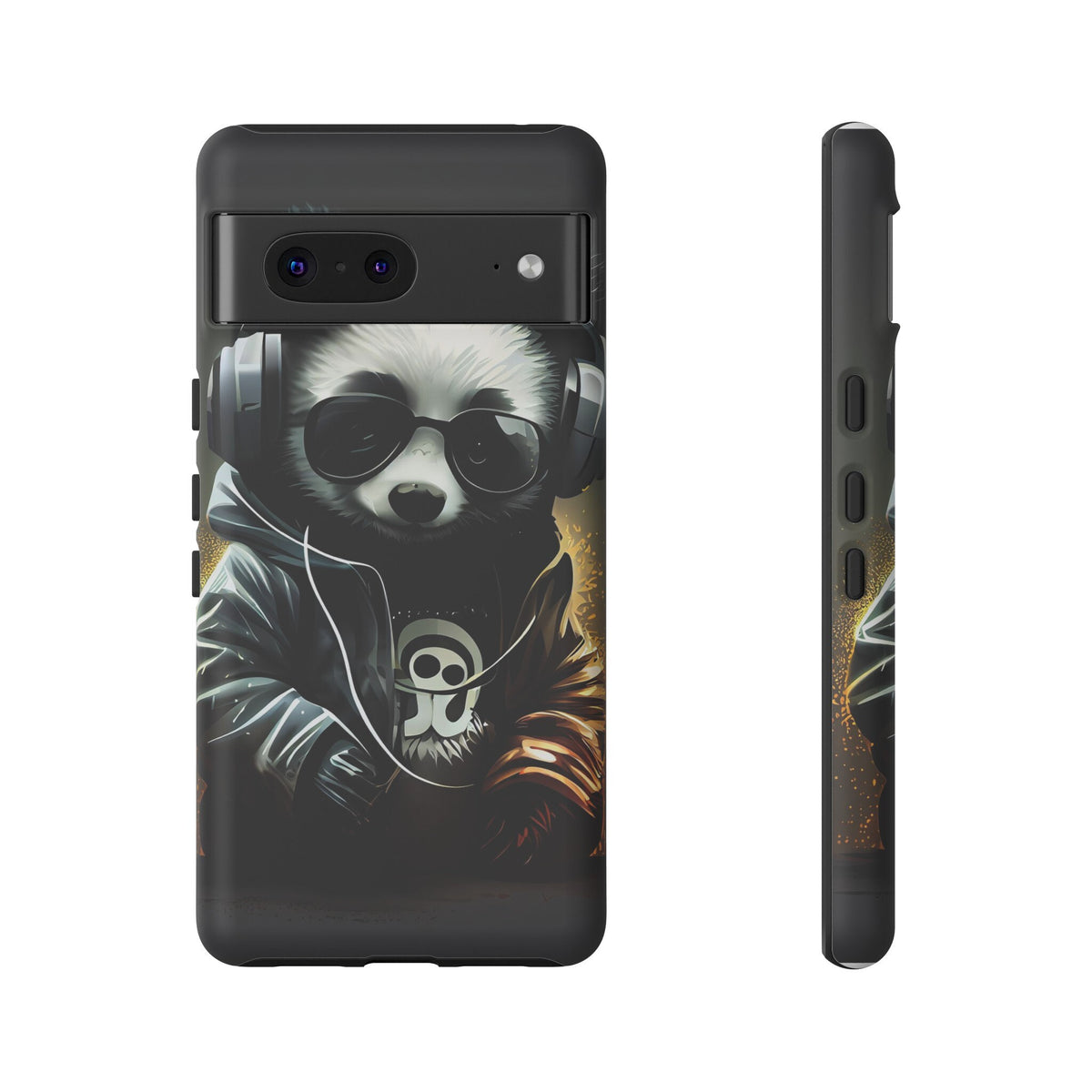 Google Pixel 7 Tough Cases Black White Panda With Headphones Audiophile Stereo headset bear
