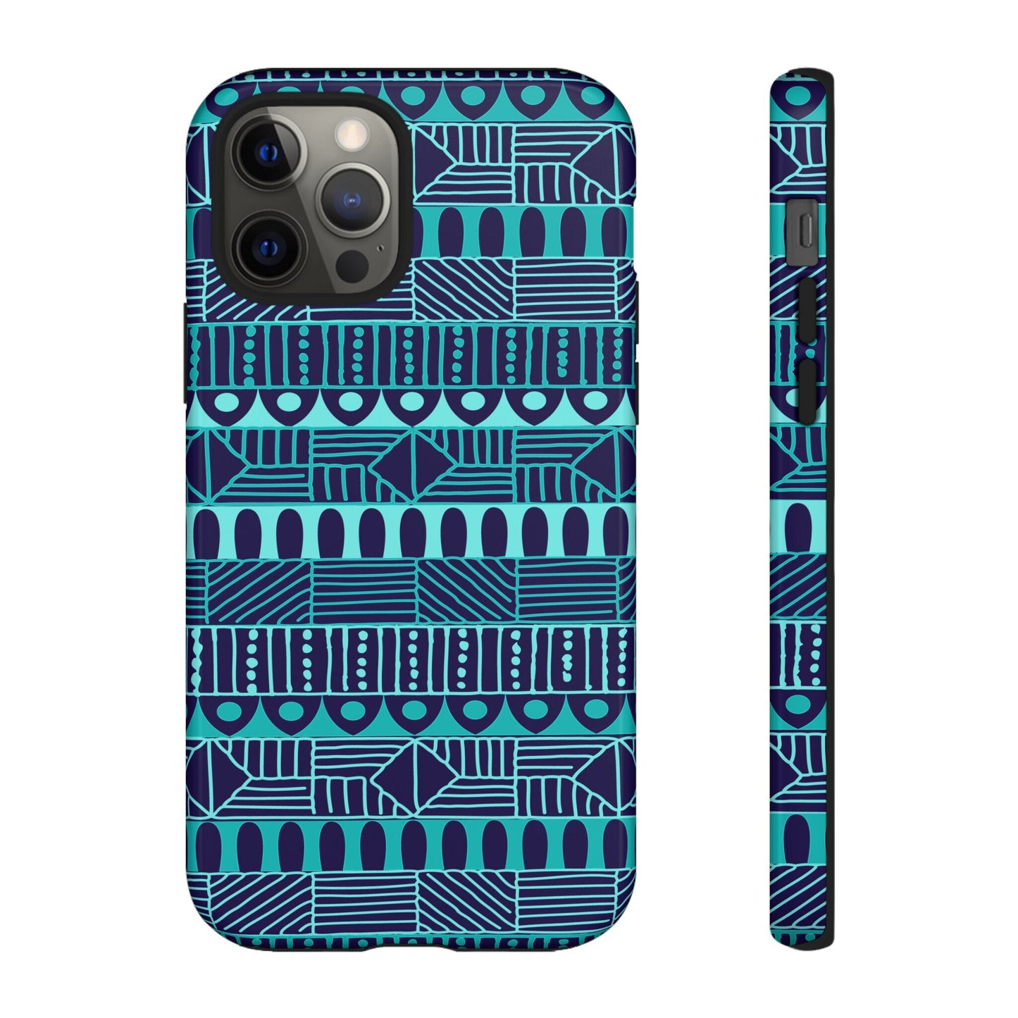 iPhone 12, iPhone 12 Pro, iPhone 12 Mini, iPhone 12 Pro Max Tough Cases Blue Navy Batik African Design Pattern Teal Light Blue