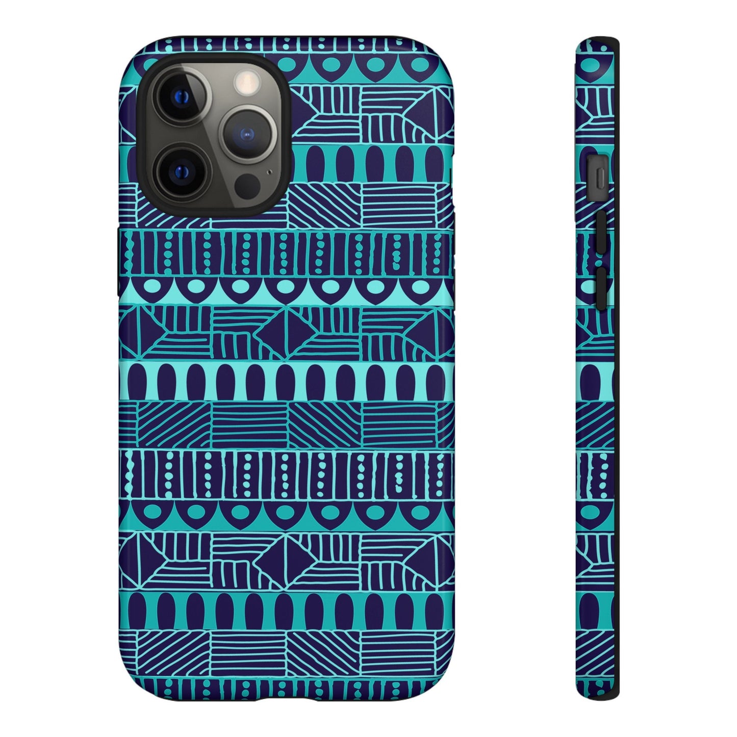 iPhone 12, iPhone 12 Pro, iPhone 12 Mini, iPhone 12 Pro Max Tough Cases Blue Navy Batik African Design Pattern Teal Light Blue
