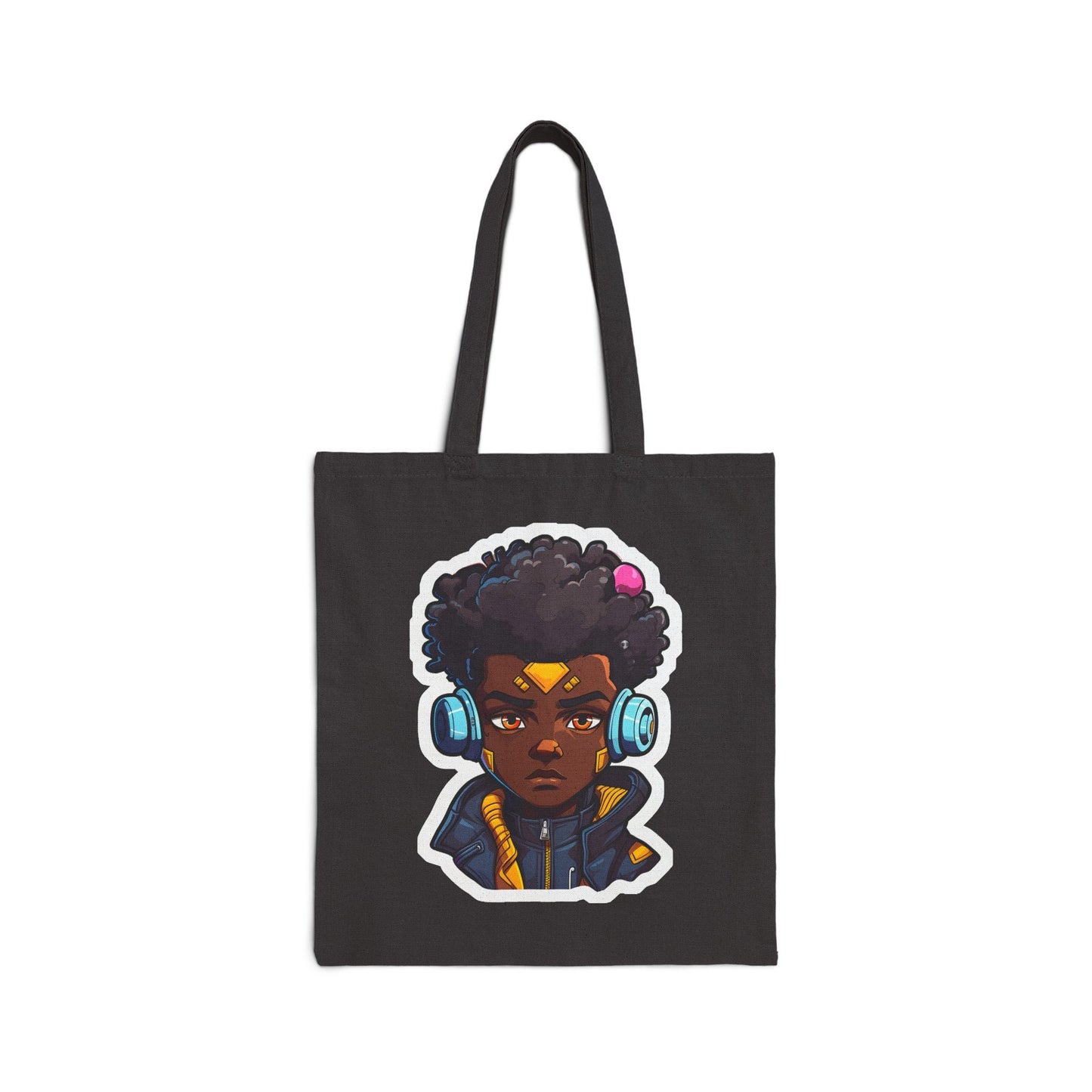 Kawaii Anime Style African American Young Man Boy with Headphones Black Student Cotton Canvas Tote Bag