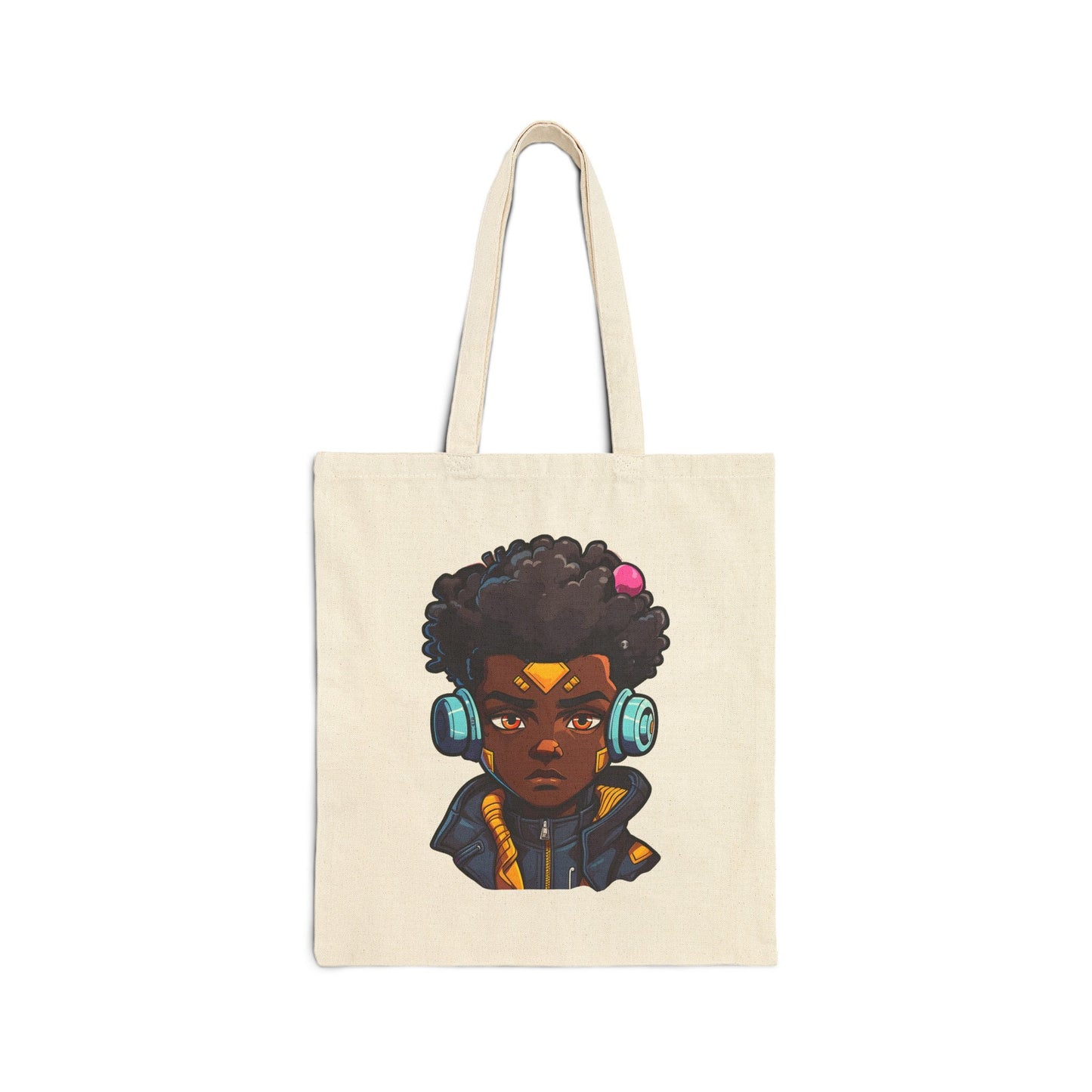 Kawaii Anime Style African American Young Man Boy with Headphones Black Student Cotton Canvas Tote Bag