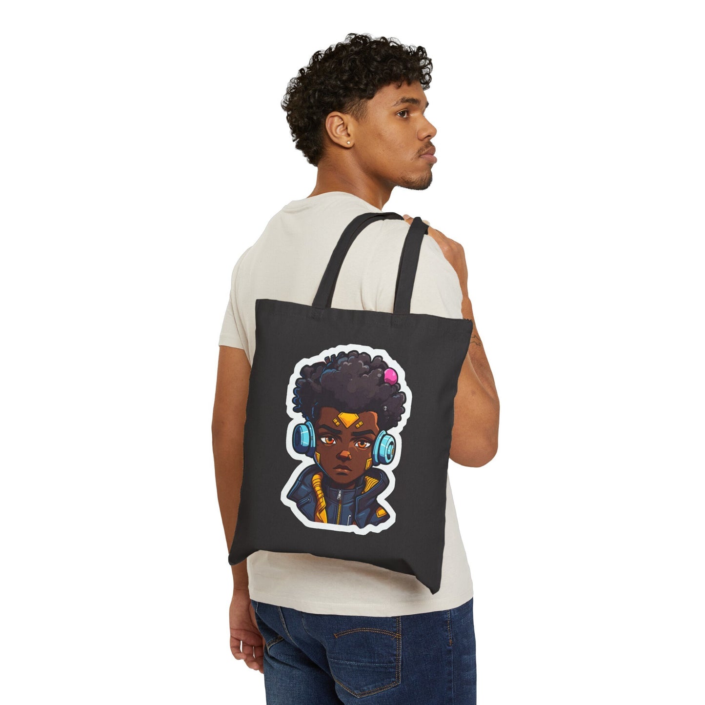 Kawaii Anime Style African American Young Man Boy with Headphones Black Student Cotton Canvas Tote Bag