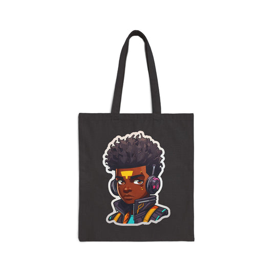 Kawaii Anime Style African American Black Young Man Boy WIth Headphones and Jacket Cotton Canvas Tote Bag