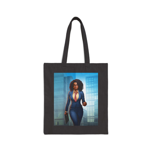 African American Business Women Superhero in Blue Environment Cotton Canvas Tote Bag