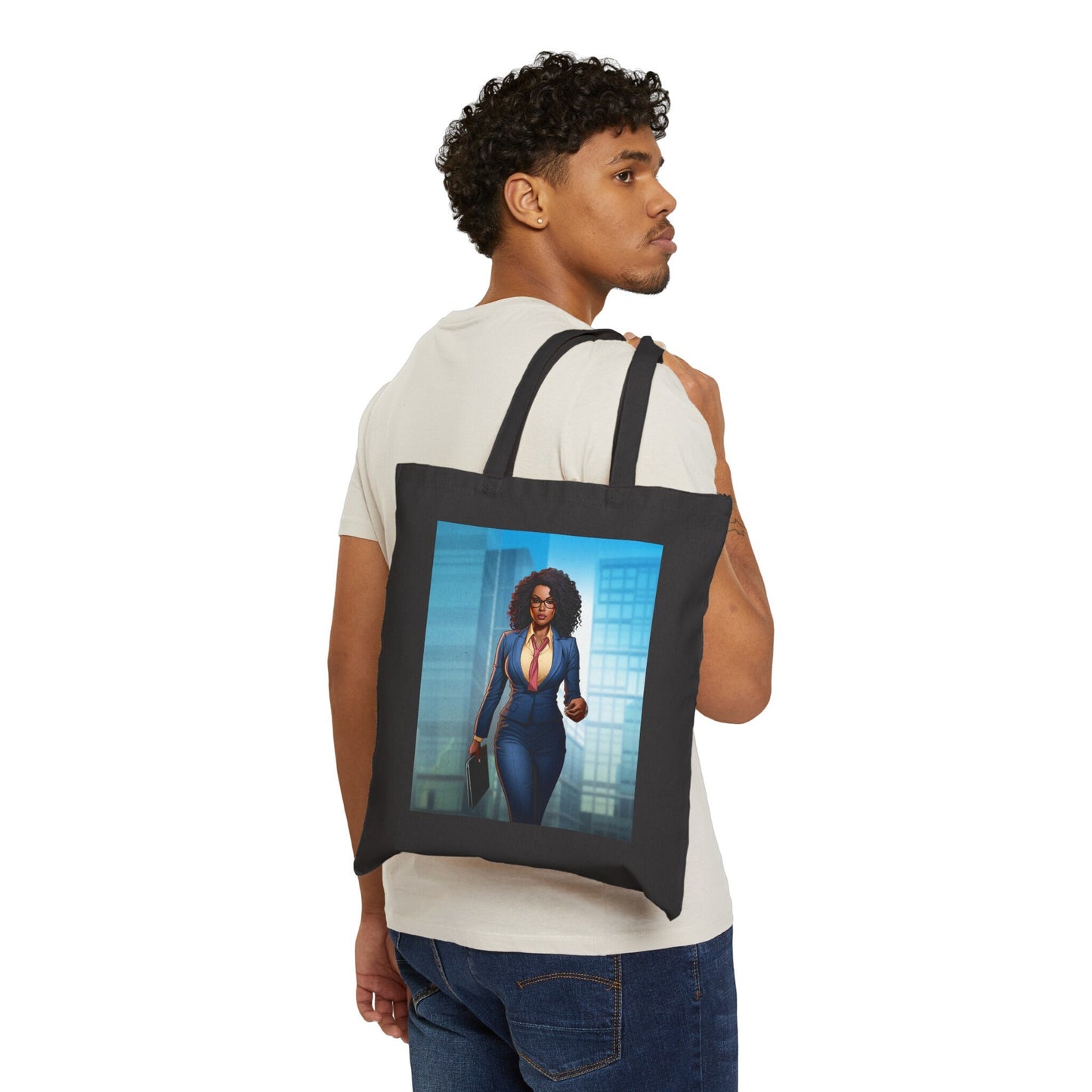 African American Business Women Superhero in Blue Environment Cotton Canvas Tote Bag