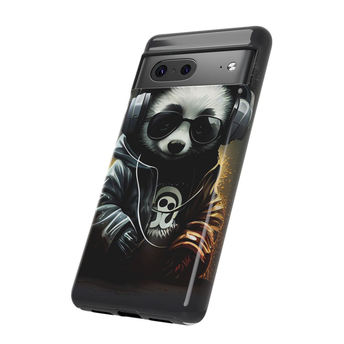 Google Pixel 7 Tough Cases Black White Panda With Headphones Audiophile Stereo headset bear