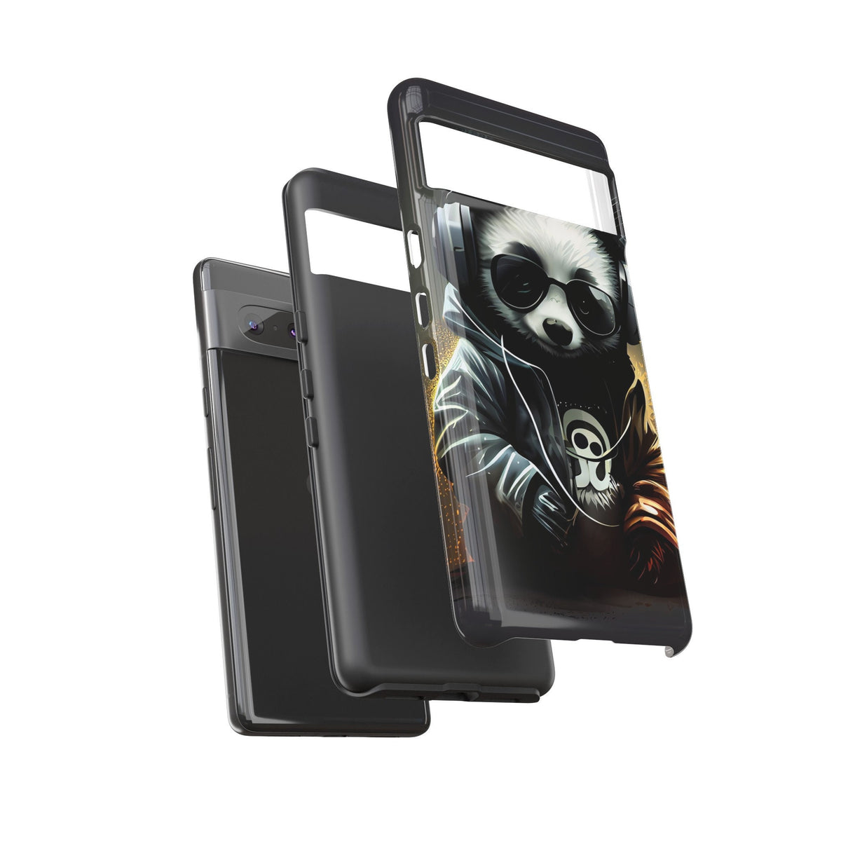 Google Pixel 7 Tough Cases Black White Panda With Headphones Audiophile Stereo headset bear