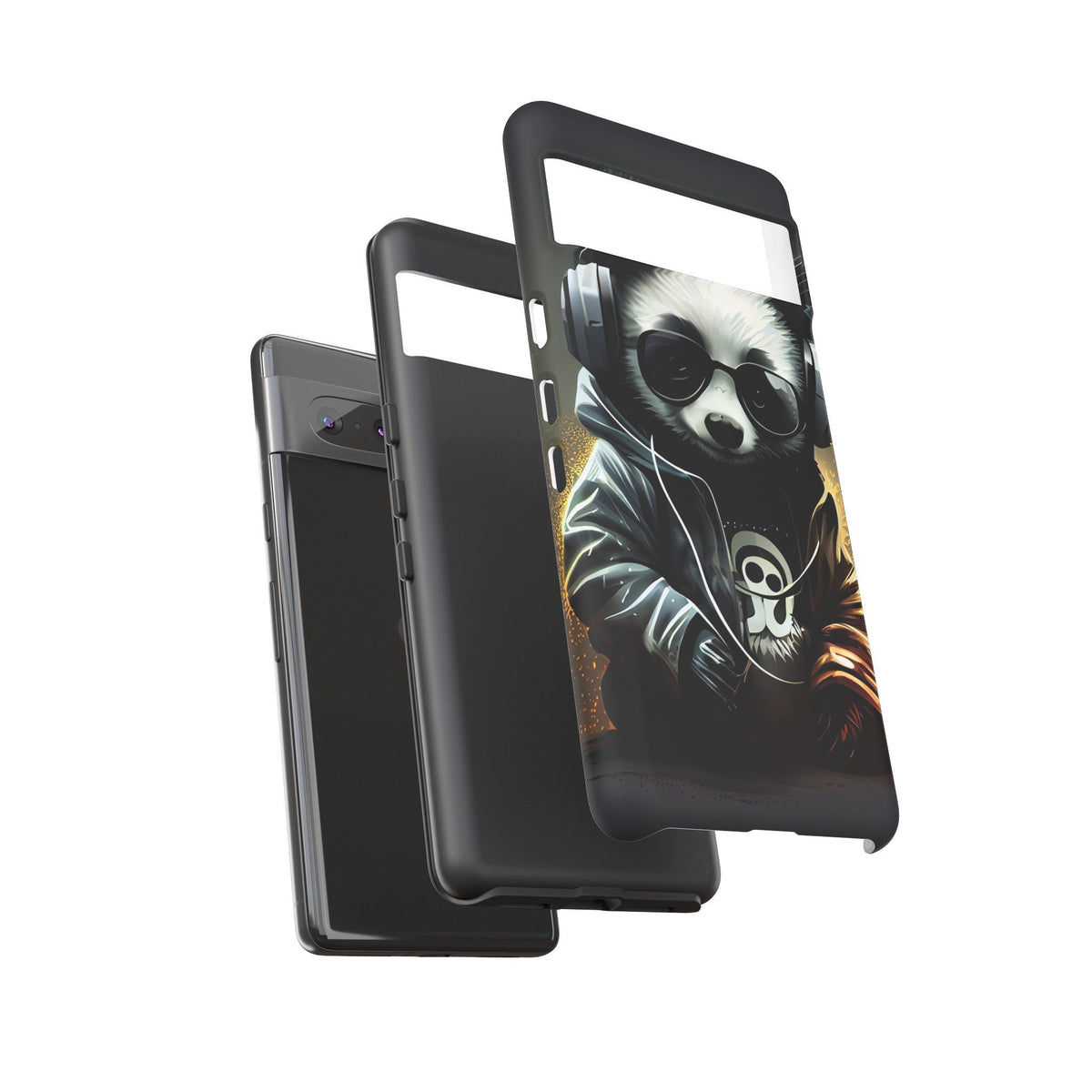 Google Pixel 7 Tough Cases Black White Panda With Headphones Audiophile Stereo headset bear