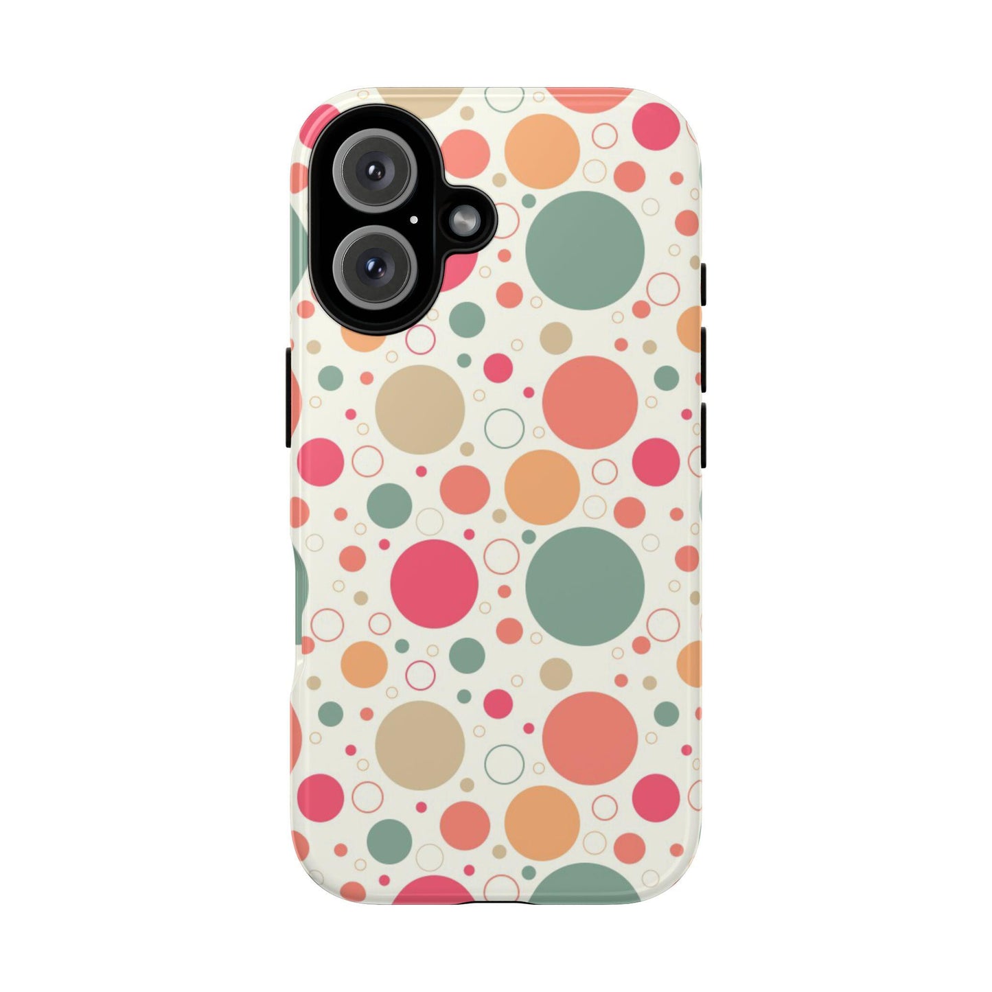 iPhone 16, iPhone 16 Pro, iPhone 16 Plus, iPhone 16 Pro Max Tough Cases Bubbles Coral Green Yellow Circles Round Colors