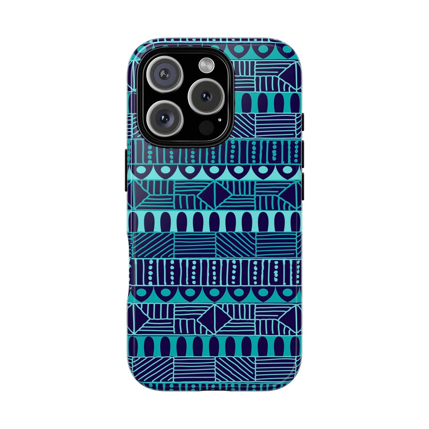 iPhone 16, iPhone 16 Pro, iPhone 16 Plus, iPhone 16 Pro Max Tough Cases Blue Navy Batik African Design Pattern Teal Light Blue